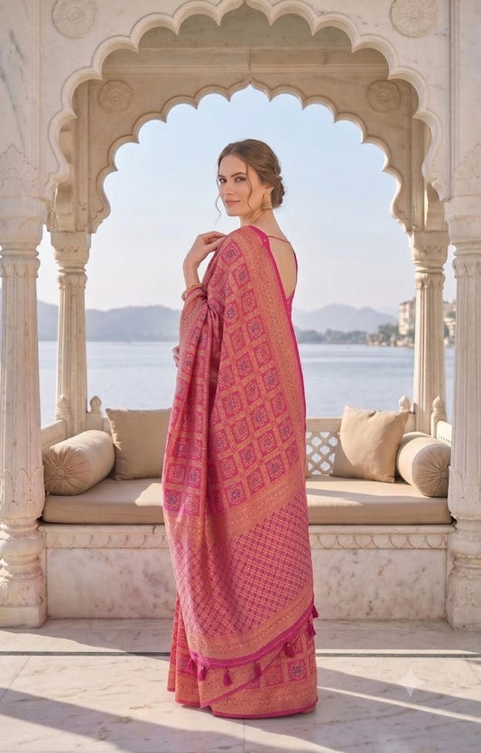 Majestic Magenta & Gold Geometric Jamdani Saree