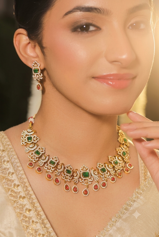 The Royal Emerald & Ruby Royal Peacock American Diamond Necklace Set