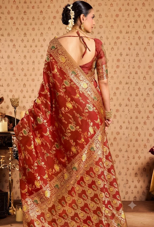 Title Royal Crimson Red Banarasi Silk Saree with Floral Jaal & Meenakari