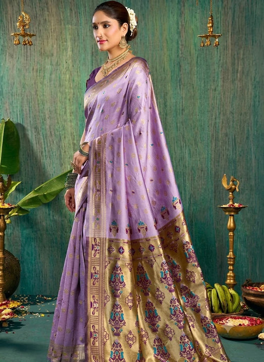 Enchanting Lavender Paithani Silk Saree with Rich Tissue Pallu