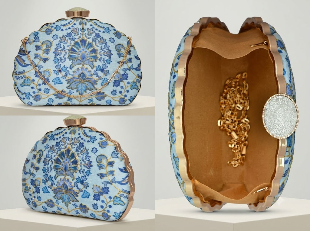 Celestial Azure Hand-Embroidered Scalloped Clutch
