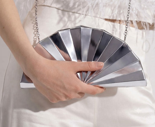 Metallic Radiance Fan-Shaped Silver Clutch