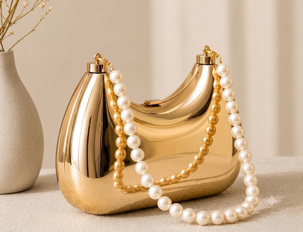 Golden Crescent Pearl-Beaded Hard-Shell Clutch