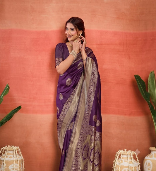 Regal Deep Purple Banarasi Silk Saree with Antique Gold Zari
