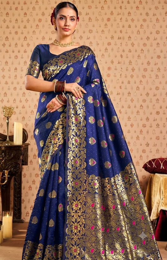 Royal Blue & Gold Banarasi Silk Saree with Meenakari Accents