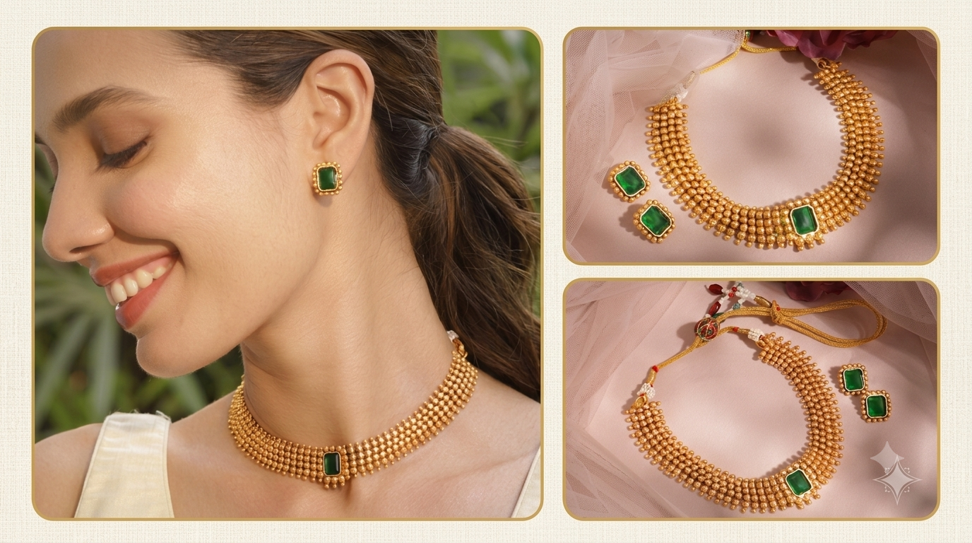 The Emerald Dynasty: Gold Bead Choker & Gemstone Set