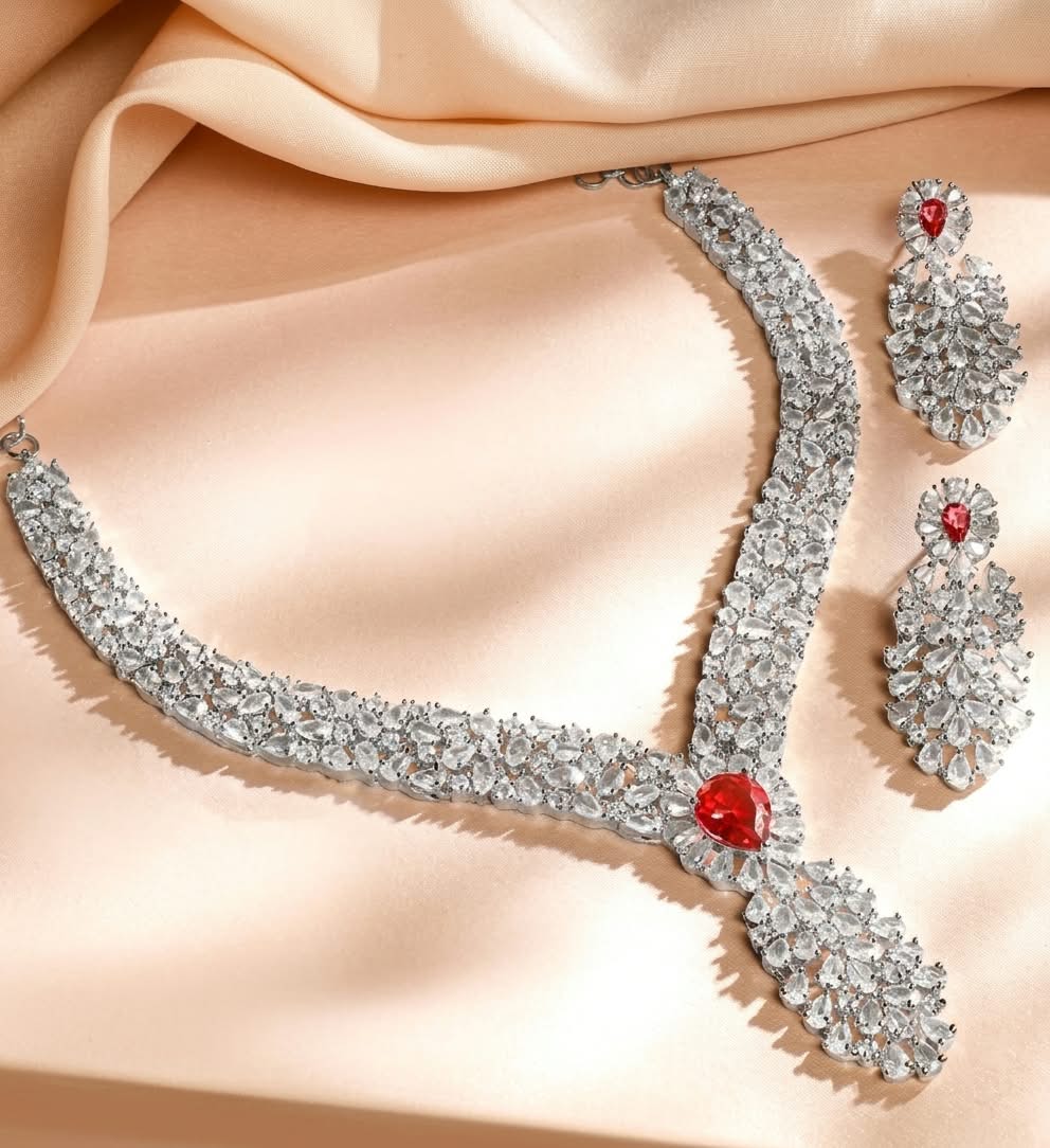 The Crimson Empress: Diamond-Tone & Ruby Drop Jewelry Set
