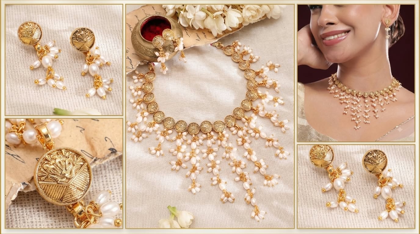 The Vintage Temple Grace: Coin Motif & Cascading Pearl Necklace Set