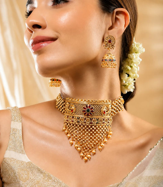 The Regal Peacock Dynasty: Temple Gold Choker & Jhumka Set