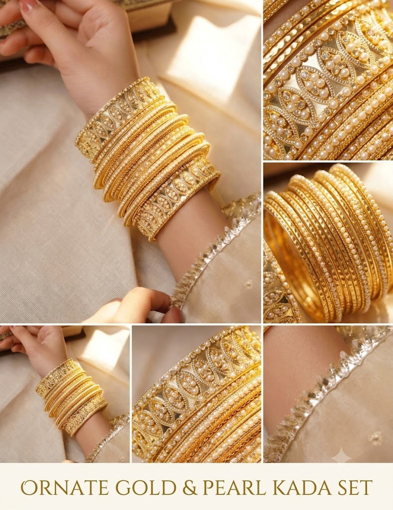 The Royal Heritage: Gold & Pearl Embellished Bangle Set