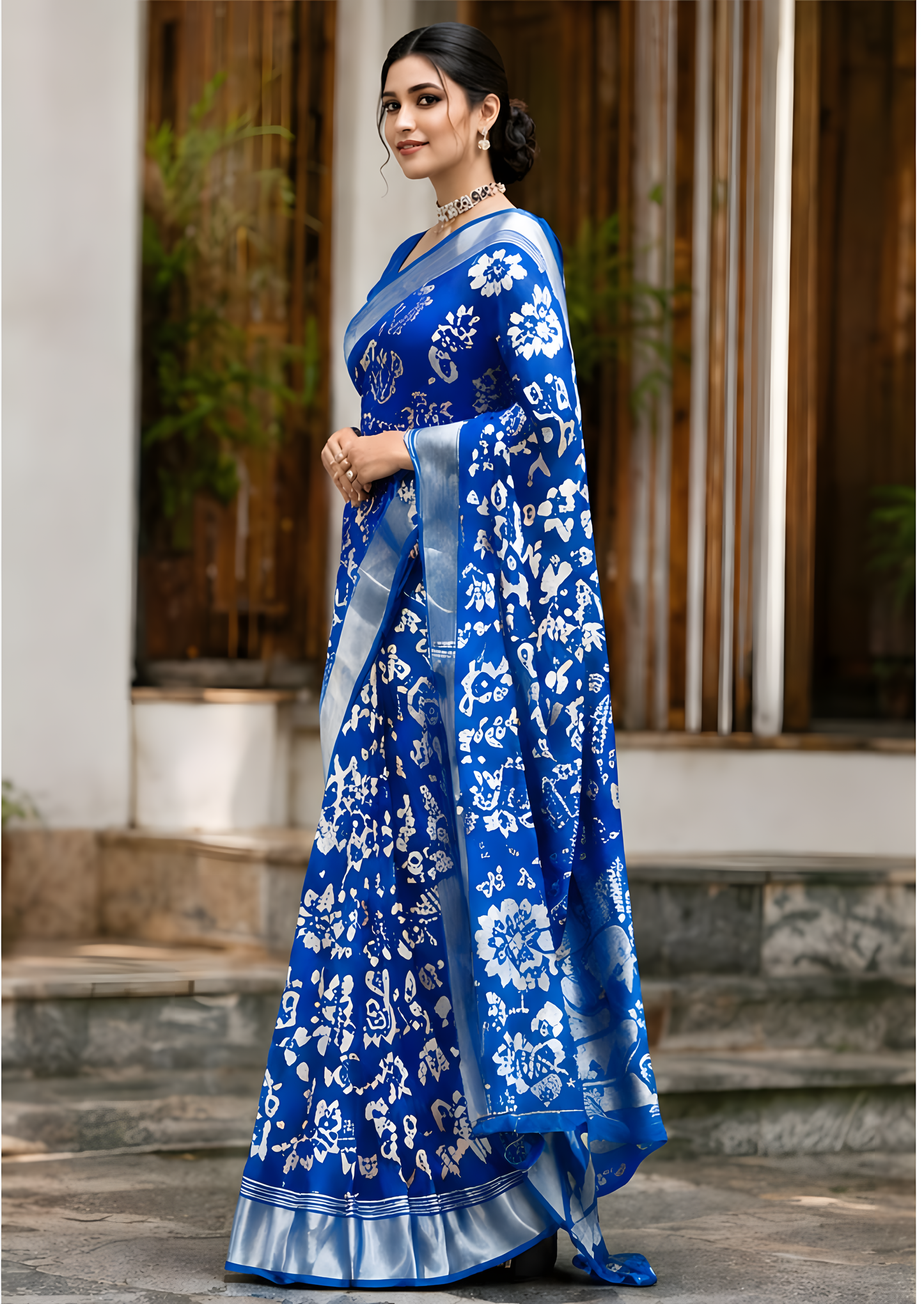 Royal Blue Floral Bapta Silk Saree