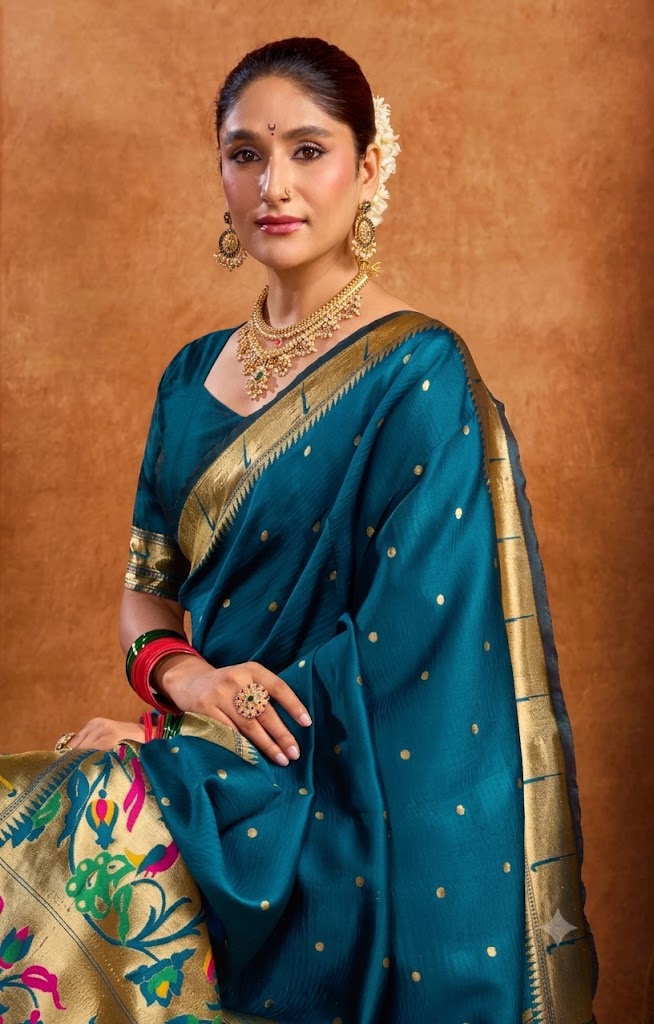 Stunning Peacock Teal Paithani Silk Saree with Traditional Zari Pallu