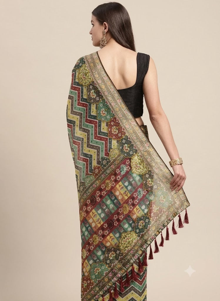The Chevron Harmony Kalamkari Linen Saree
