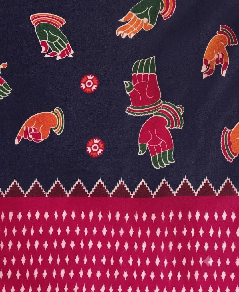 Navy Blue & Magenta Kalamkari Silk Saree with Geometric Ikat Borders