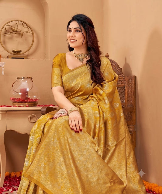 Opulent Ochre-Gold Banarasi Silk Saree in Silver Zari