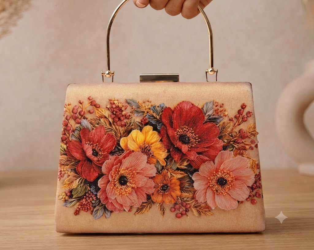 Blooming Elegance Hand-Embroidered Floral Clutch