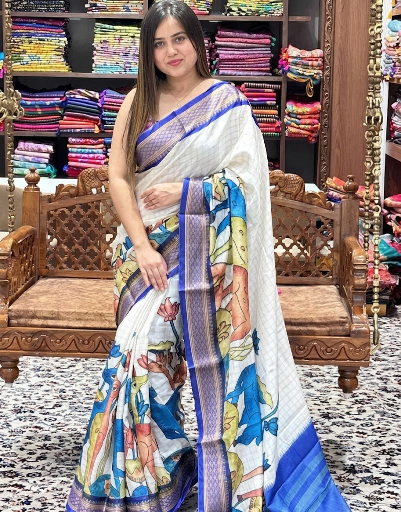 Artisanal Cream Kalamkari Silk Saree featuring Mythological & Floral Art