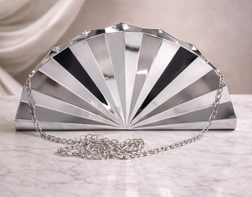 Metallic Radiance Fan-Shaped Silver Clutch