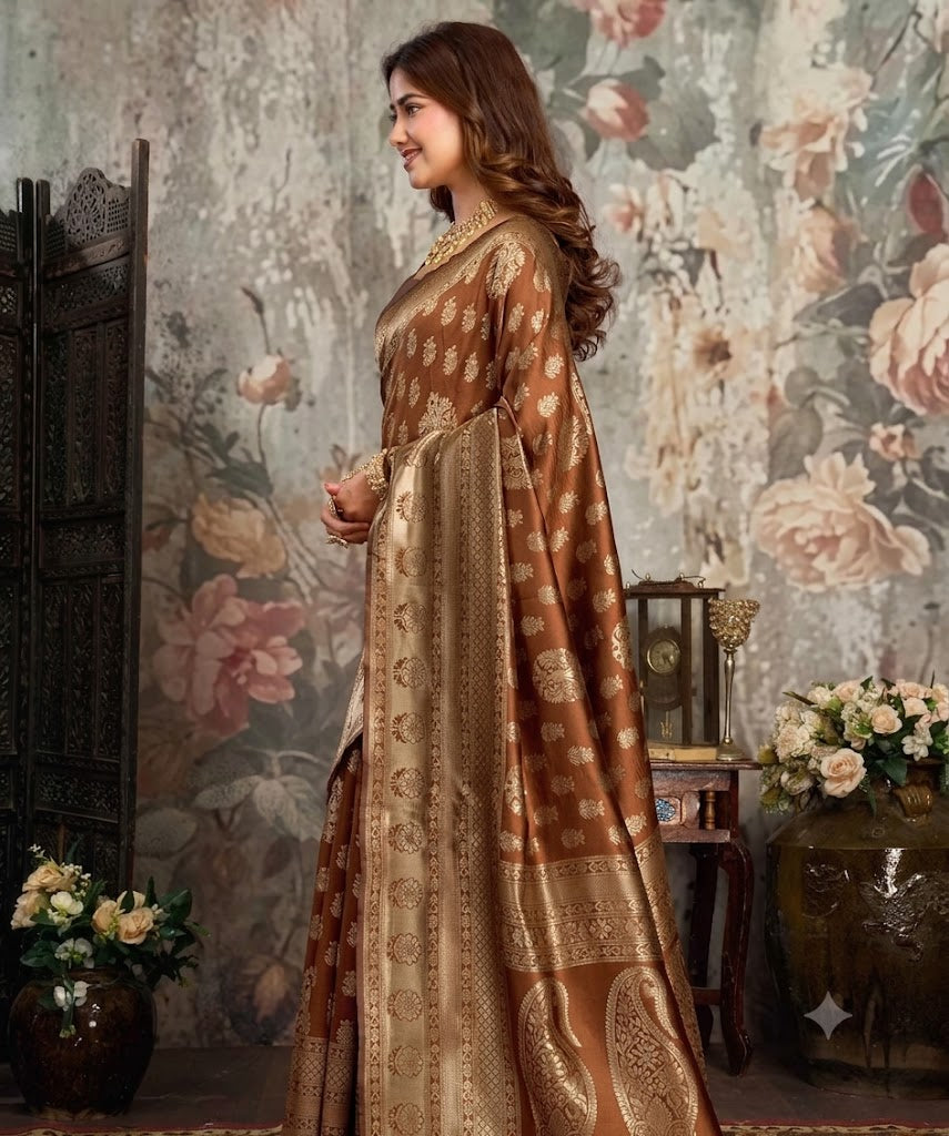Royal Mocha Gold Handwoven Banarasi Silk Saree