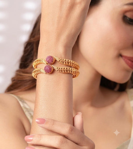 The Regal Bloom: Gold & Ruby-Pave Sphere Bangle Pair