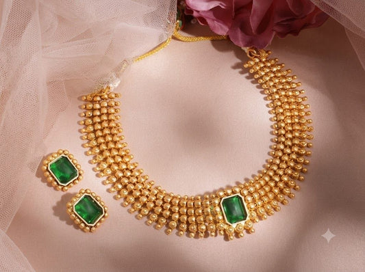 The Emerald Dynasty: Gold Bead Choker & Gemstone Set