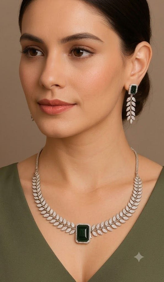 The Emerald Leaf: Diamond-Tone & Emerald Gemstone Choker Set