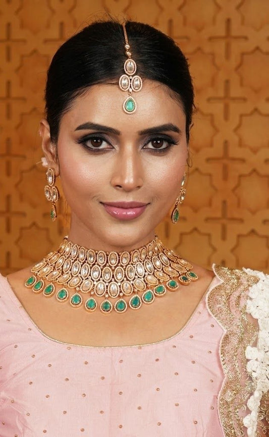 The Imperial Grace: Gold Kundan & Mint Emerald Bridal Choker Set