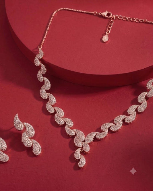 The Rose Serpentine: Rose Gold & Crystal Leaf Necklace Set