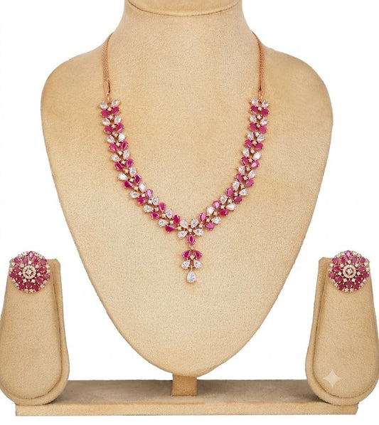 The Radiant Blossom: Rose Gold, Ruby & Diamond-Tone Floral Necklace Set