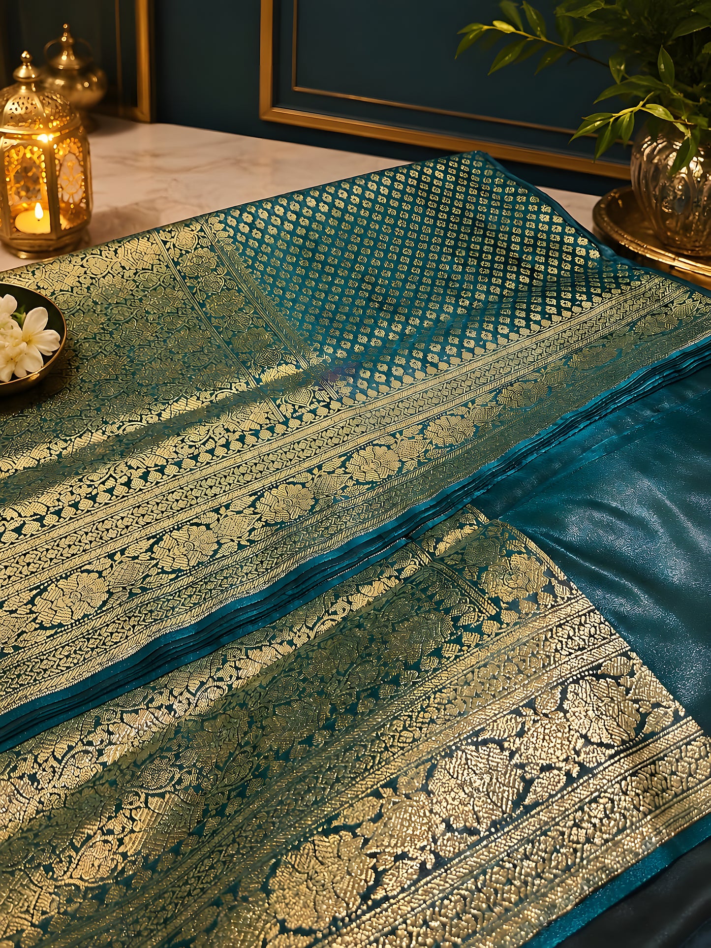Royal Teal & Antique Gold Banarasi Saree