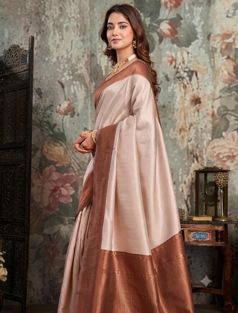 Elegant Champagne Cream & Copper-Bronze Kanjivaram Silk Saree  Description