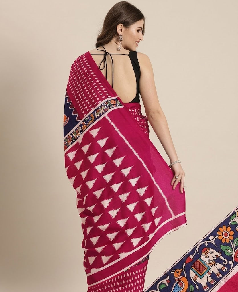 Navy Blue & Magenta Kalamkari Silk Saree with Geometric Ikat Borders