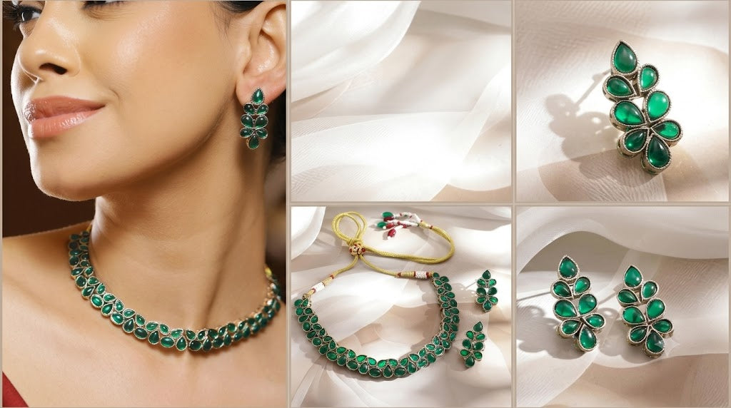 The Royal Emerald Teardrop Kundan Set