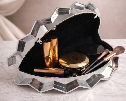 Metallic Radiance Fan-Shaped Silver Clutch