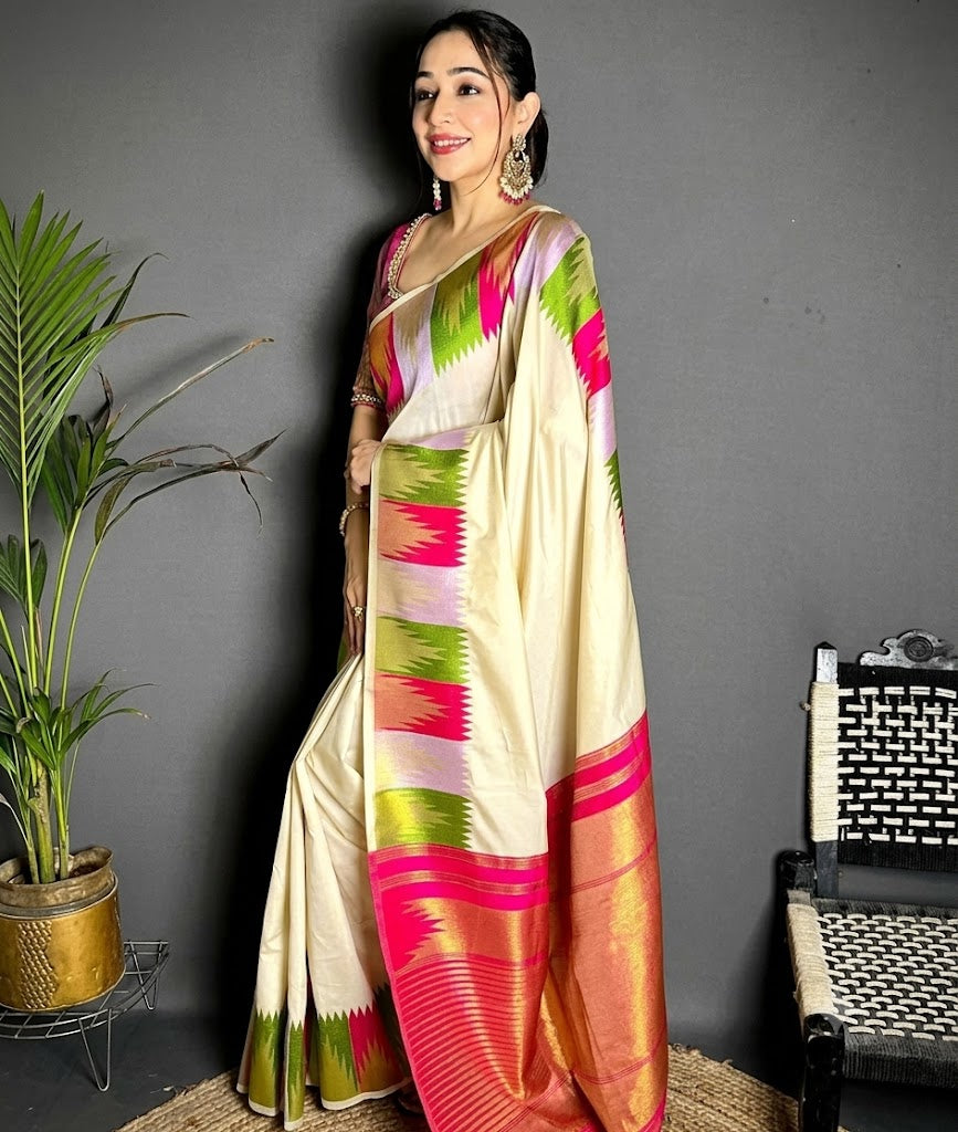 Off-White Kanchi Silk Saree with Vibrant Temple Border & Gold Zari Pallu