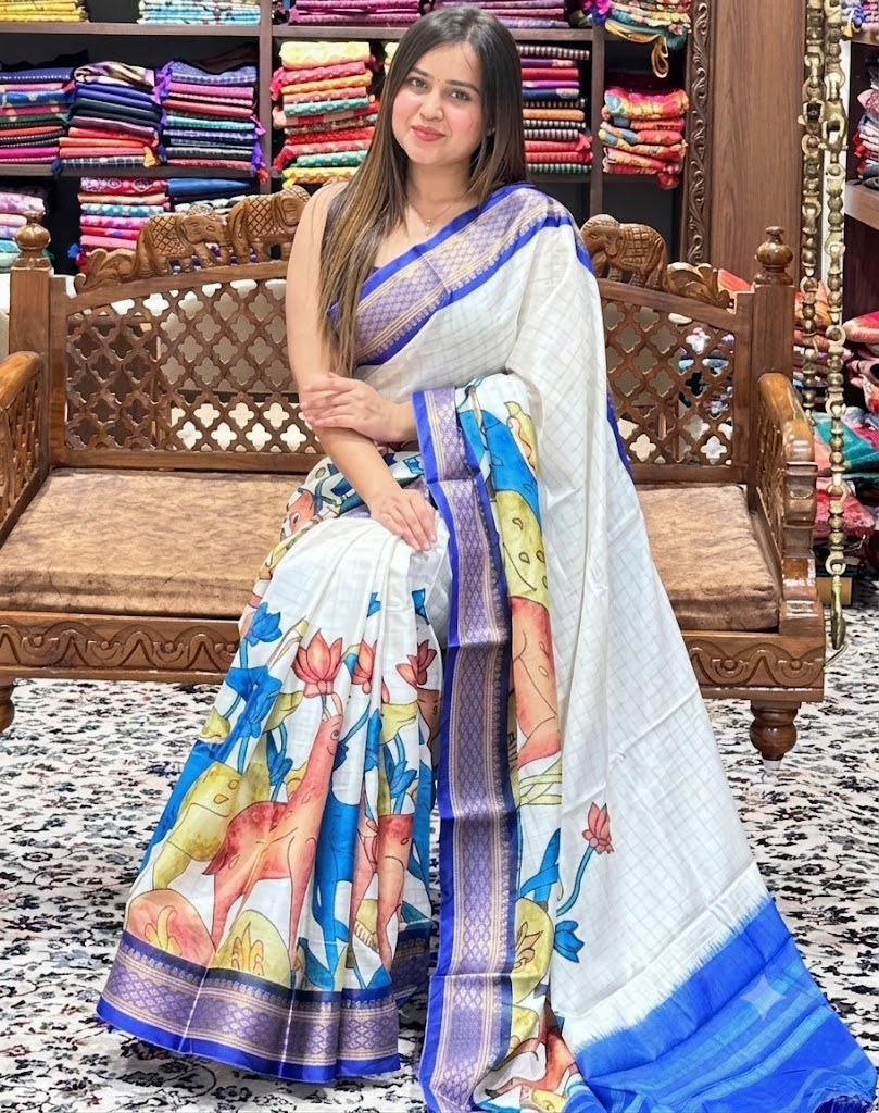 Artisanal Cream Kalamkari Silk Saree featuring Mythological & Floral Art