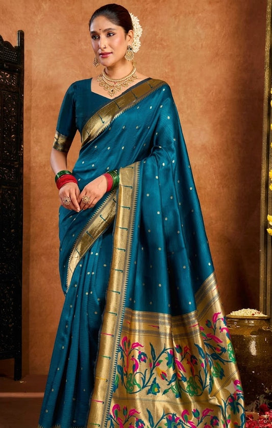 Stunning Peacock Teal Paithani Silk Saree with Traditional Zari Pallu