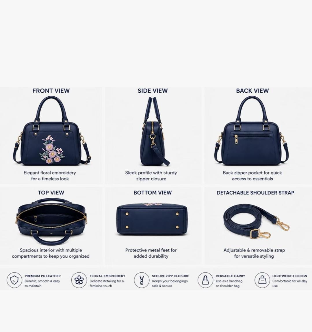 Navy Blue Floral Embroidered Handbag