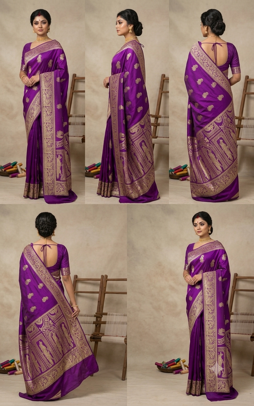 Royal Magenta Resham Baluchari Silk Saree with Antique Gold Weaves
