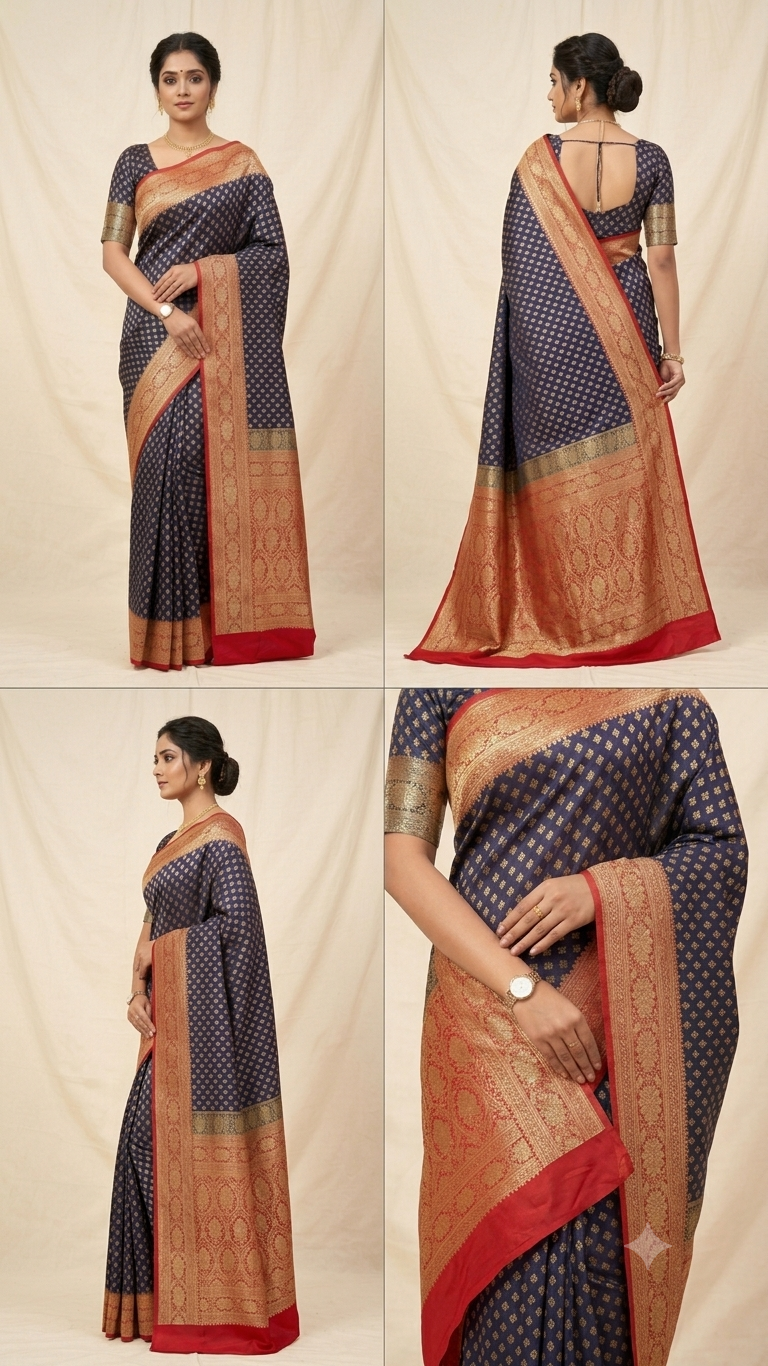 Royal Navy Blue & Red Banarasi Brocade Saree – A Timeless Elegance