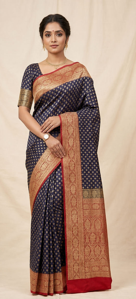 Royal Navy Blue & Red Banarasi Brocade Saree – A Timeless Elegance