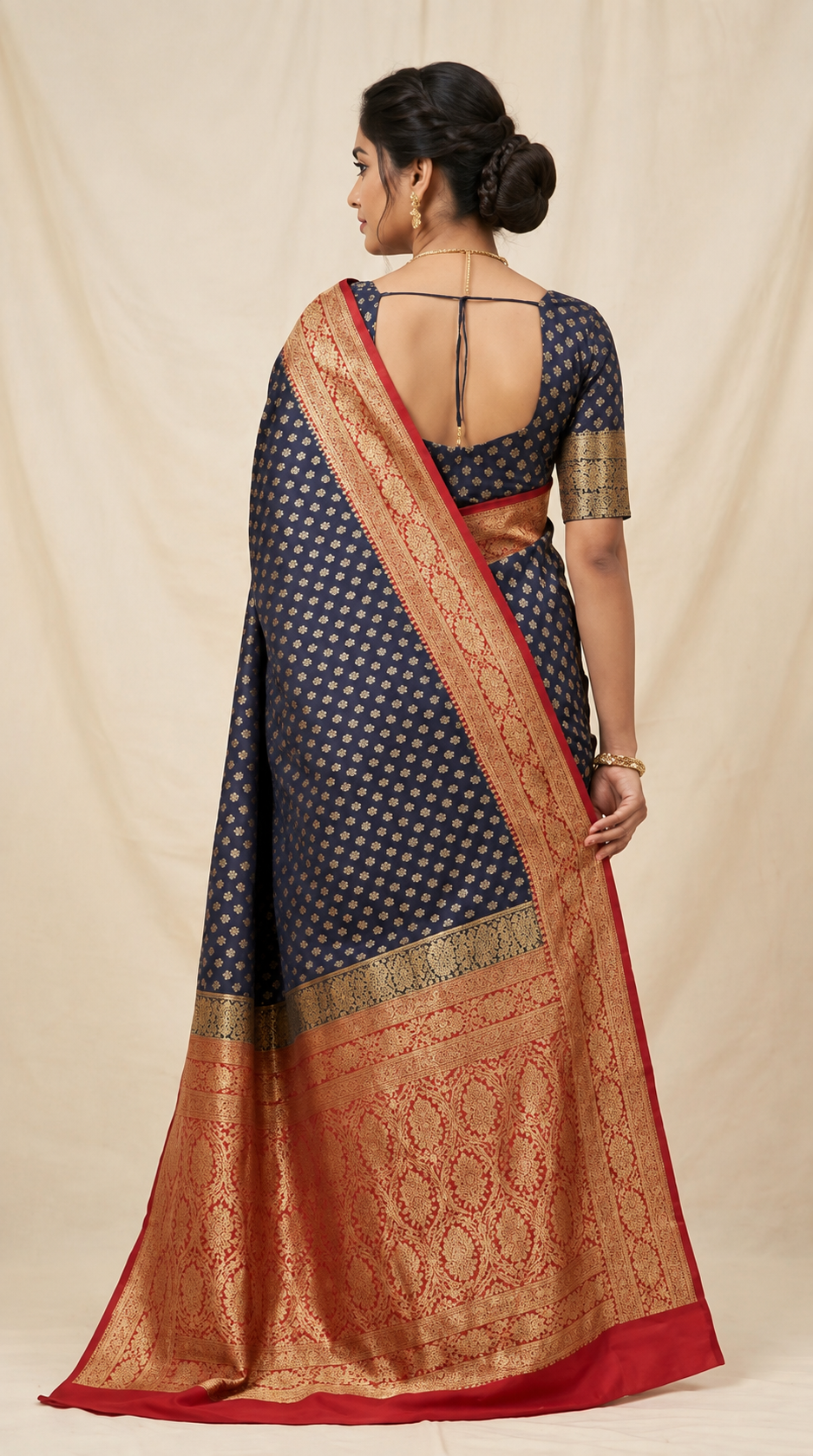 Royal Navy Blue & Red Banarasi Brocade Saree – A Timeless Elegance