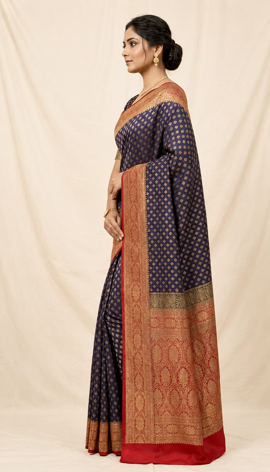 Royal Navy Blue & Red Banarasi Brocade Saree – A Timeless Elegance