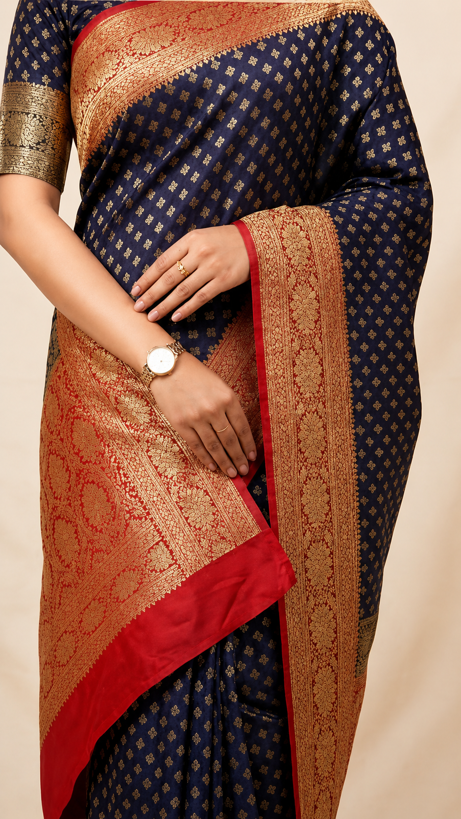 Royal Navy Blue & Red Banarasi Brocade Saree – A Timeless Elegance