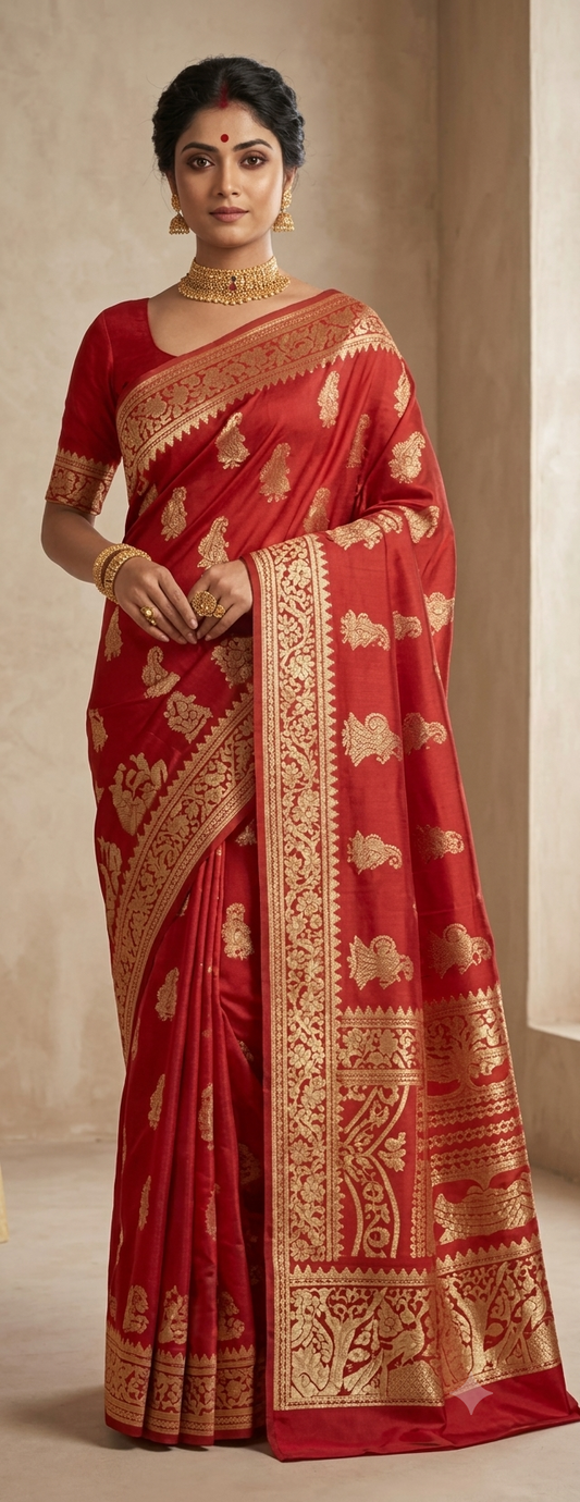 Legendary Loom: Classic Red & Gold Resham Baluchari