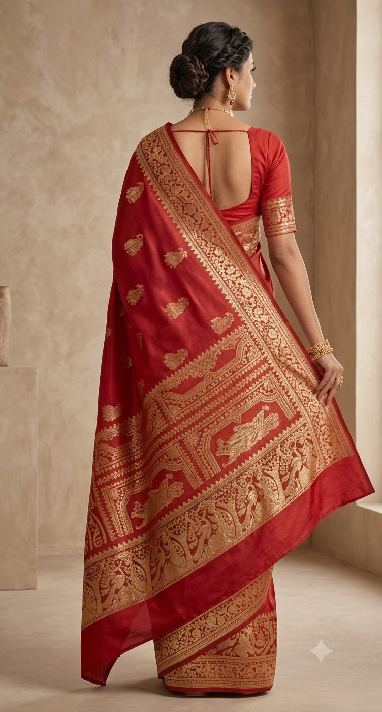 Legendary Loom: Classic Red & Gold Resham Baluchari