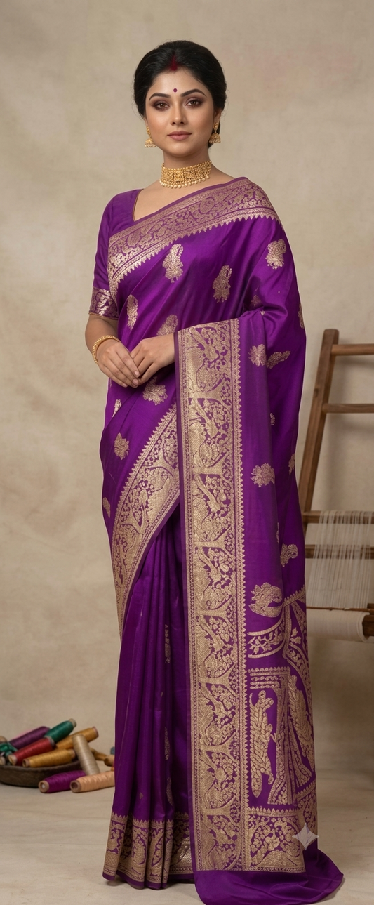 Royal Magenta Resham Baluchari Silk Saree with Antique Gold Weaves