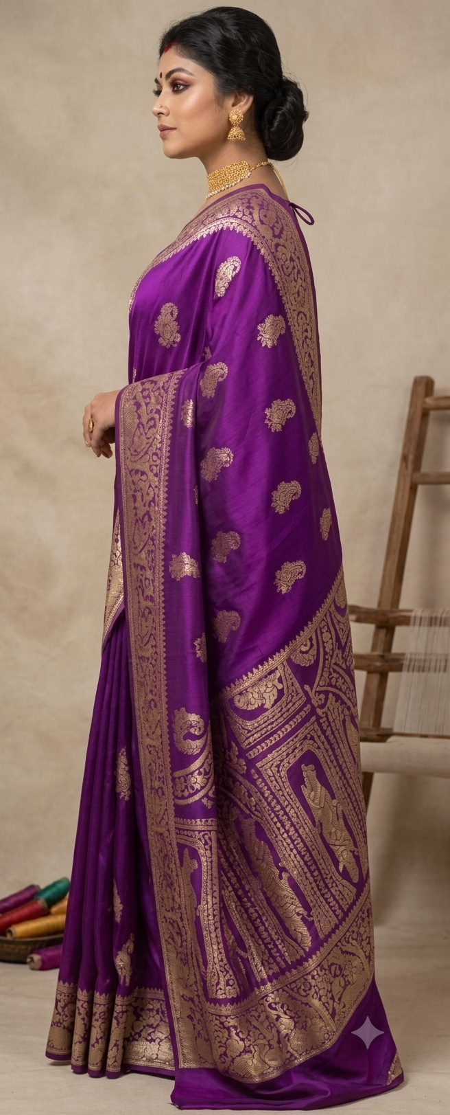 Royal Magenta Resham Baluchari Silk Saree with Antique Gold Weaves
