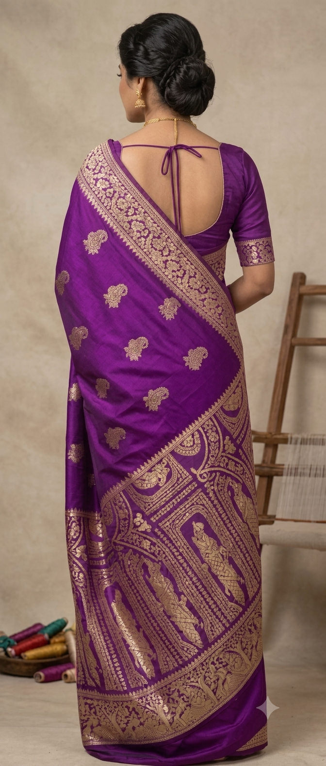 Royal Magenta Resham Baluchari Silk Saree with Antique Gold Weaves