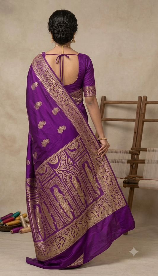 Royal Magenta Resham Baluchari Silk Saree with Antique Gold Weaves